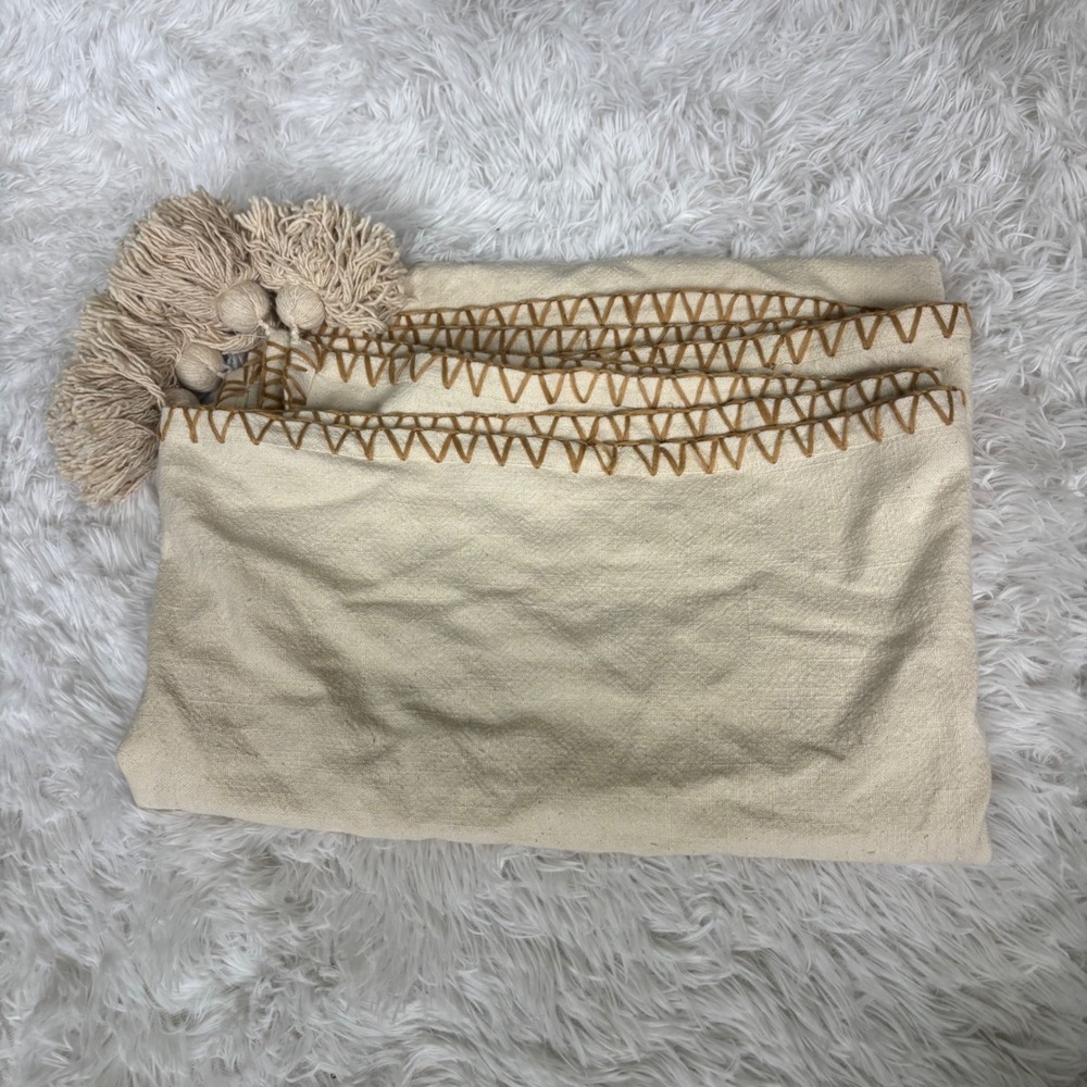 Anaya Blanket Stitch Throw Tassels Modern Farmhouse Cream Tan Cotton 50"X70"